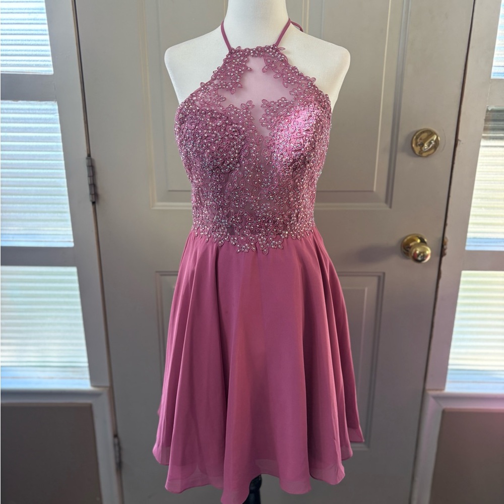 Pink Halter Neck Dress with Beaded Bodice for Grade 8 Grad